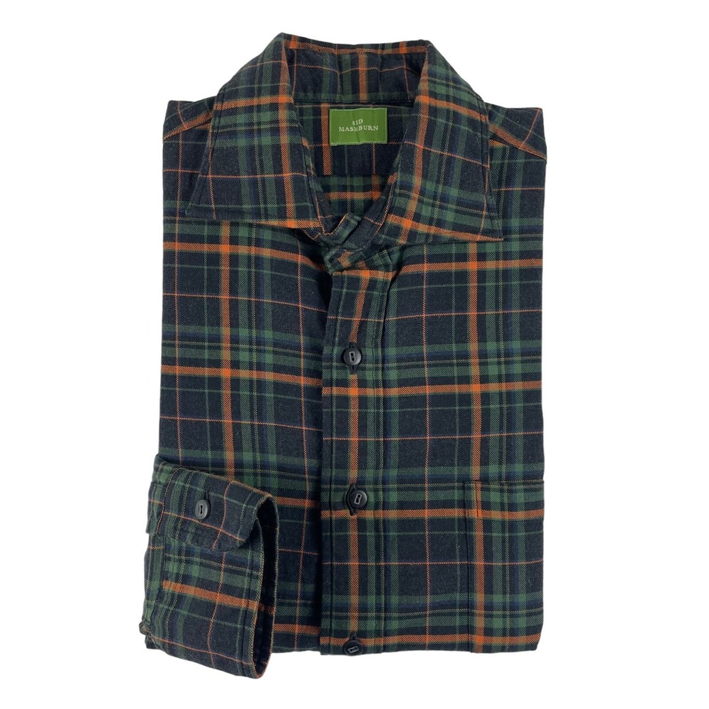 Sid Mashburn Green Black Orange Navy Flannel Checked Button Front Size Small